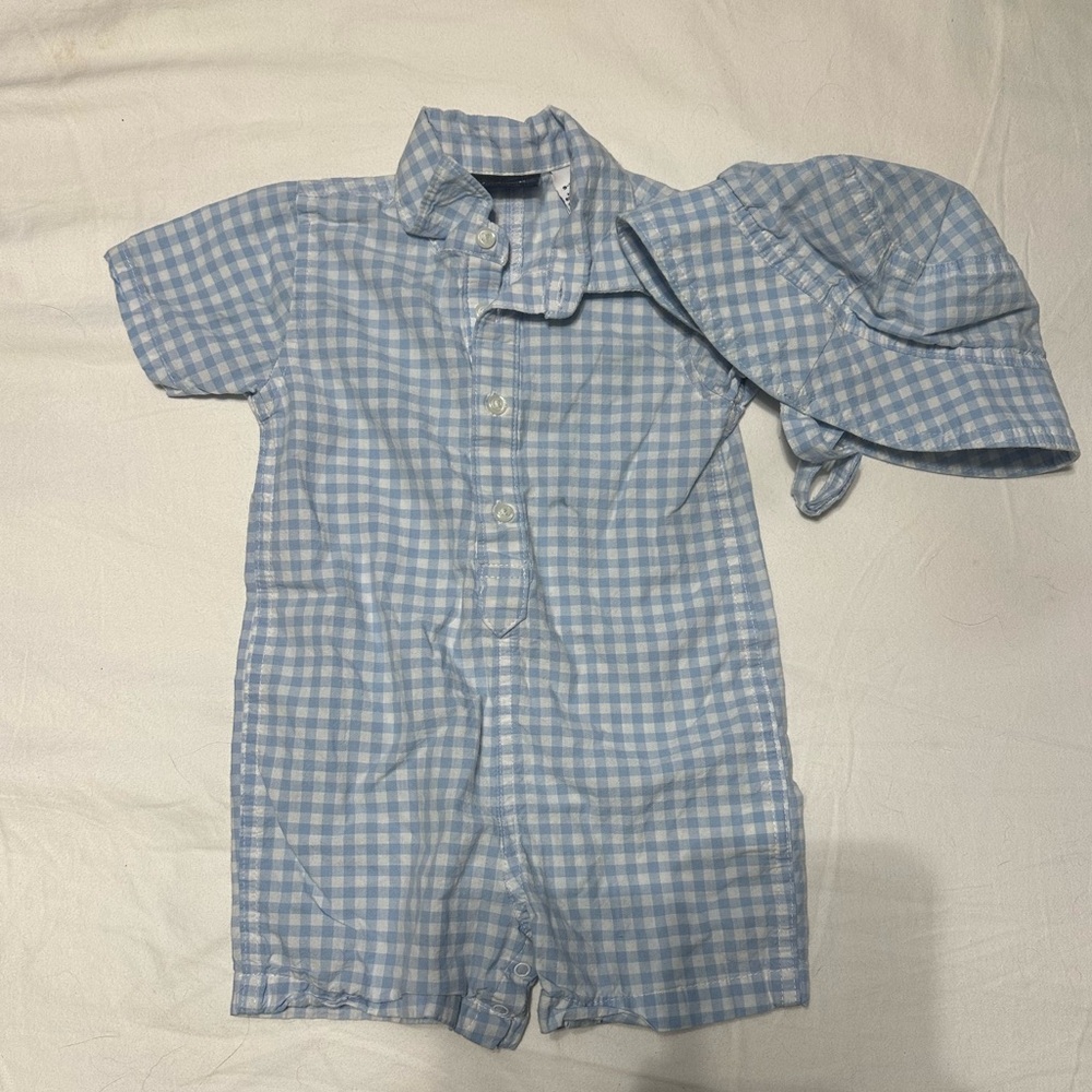 Blue Gingham Baby Romper with Hat